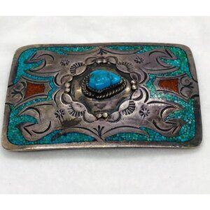 Sterling Silver 925 Inlaid Turquoise and Red Coral "TA"